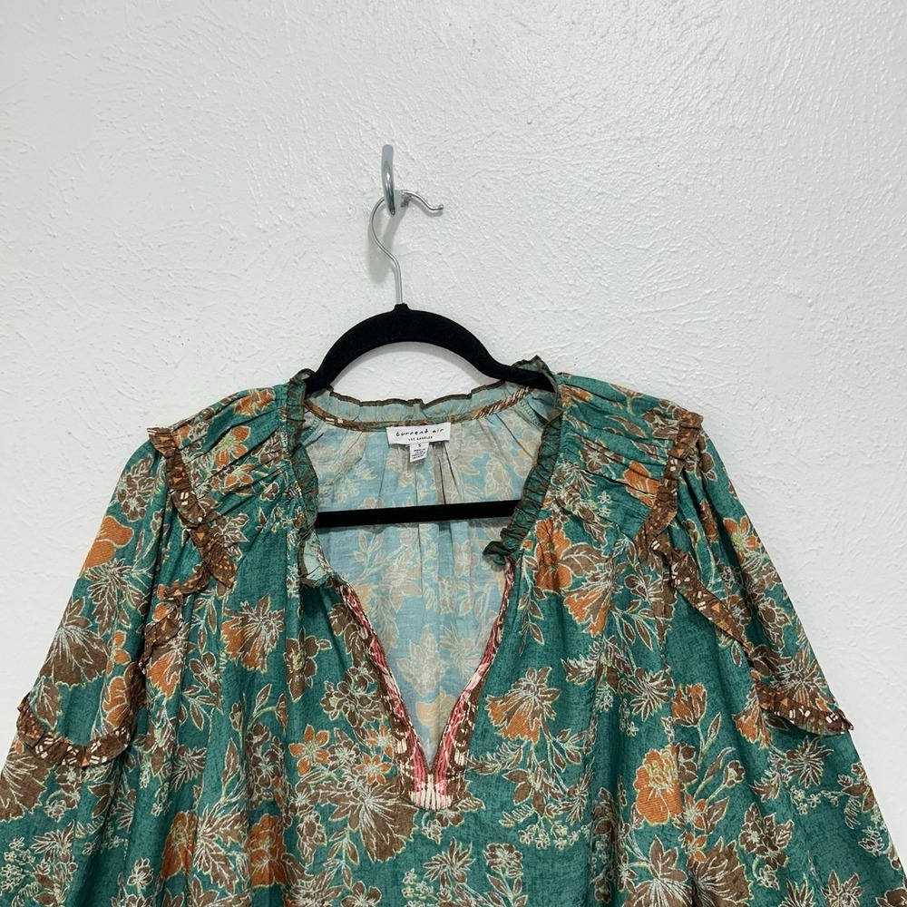 Current Air Teal Floral Puff-Sleeve Blouse with Brown Accents - Picture 6 of 11